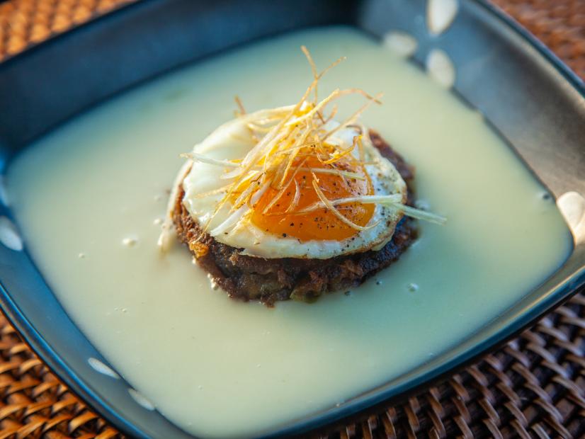 Eric Greenspan’s Potato Soup with Bacon with Cheddar Bread Pudding and Fried Egg, as seen on Guy's Ranch Kitchen Season 5.