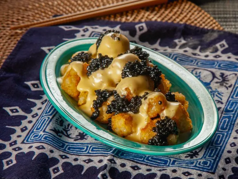 Christian Petroni’s Crispy Potato Nuggets with Beer Cheese and Caviar, as seen on Guy's Ranch Kitchen Season 5.