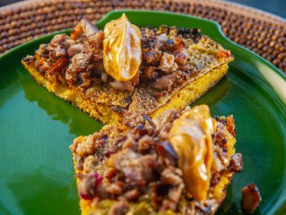 Eric Greenspan’s Green Chile Cornbread Skillet with Crispy Pork and Spicy Honey Butter, as seen on Guy's Ranch Kitchen Season 5.