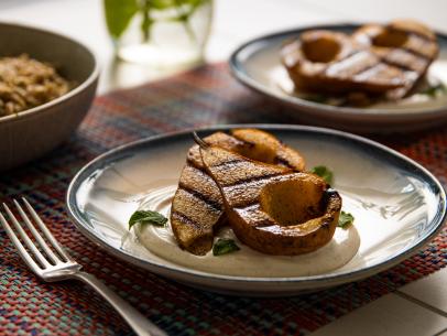 Shot of grilled cardamom pears over spiced yogurt, as seen on Trisha's Southern Kitchen, season 17.