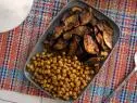 Overhead shot of crispy eggplant and chickpeas, as seen on Trisha's Southern Kitchen, season 17.