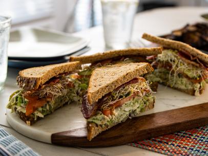 Shot of green doddess chicken salad sandwich, as seen on Trisha's Southern Kitchen, season 17.