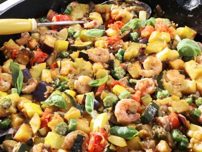 Miss Kardea Brown's Ratatouille with Shrimp and Okra, as seen on the Food Networks, Delicious Miss Brown, Season 6.