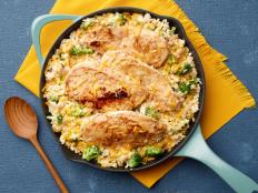 Food Network Kitchen’s Cheesy Skillet Chicken and Cauliflower Rice Casserole, as seen on Food Network.