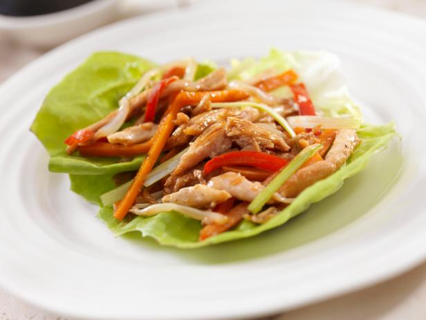 "Teriyaki Chicken with Peppers, Carrots and Bean Sprouts in a Lettuce Wrap - Photographed on Hasselblad H3D2-39mb Camera"