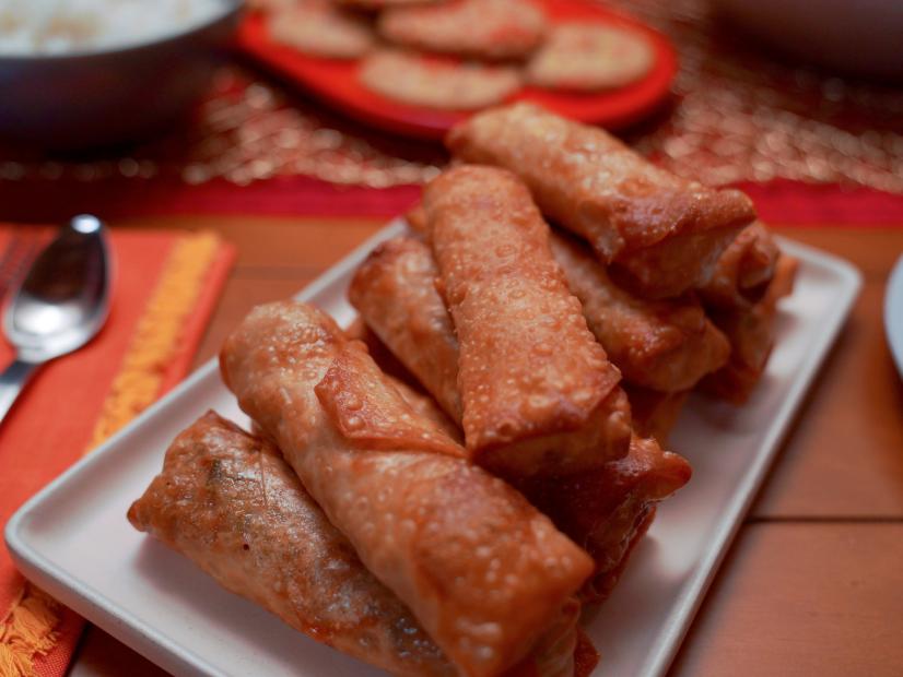 Beauty shot of Molly Yeh's Lucky Baloney Egg Rolls, as seen on Girl Meets Farm, season 10.
