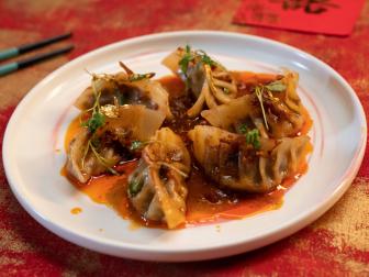 Chef Tony Nguyen's plate of his Gambler’s Lucky Day Dumplings (Prime Short Rib and Butternut Squash Dumplings), as seen on Food Network's Lunar New Year 2022
