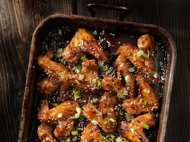 Baked Teriyaki Whole Chicken Wings with Green Onion and Toasted Sesame Seeds