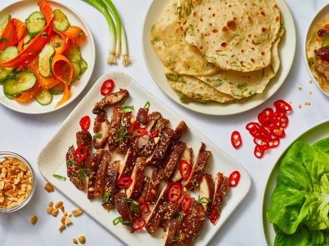 Hoisin Chicken with Quick Pickled Veg and Green Onion Pancakes