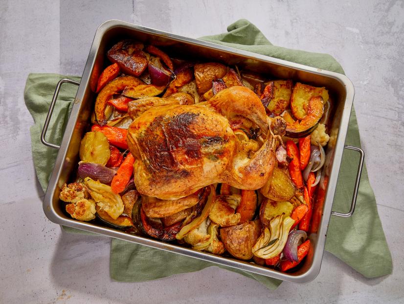 Overhead of Mary Berg's roast chicken with veg, as seen on Mary Makes It Easy, Season 1.