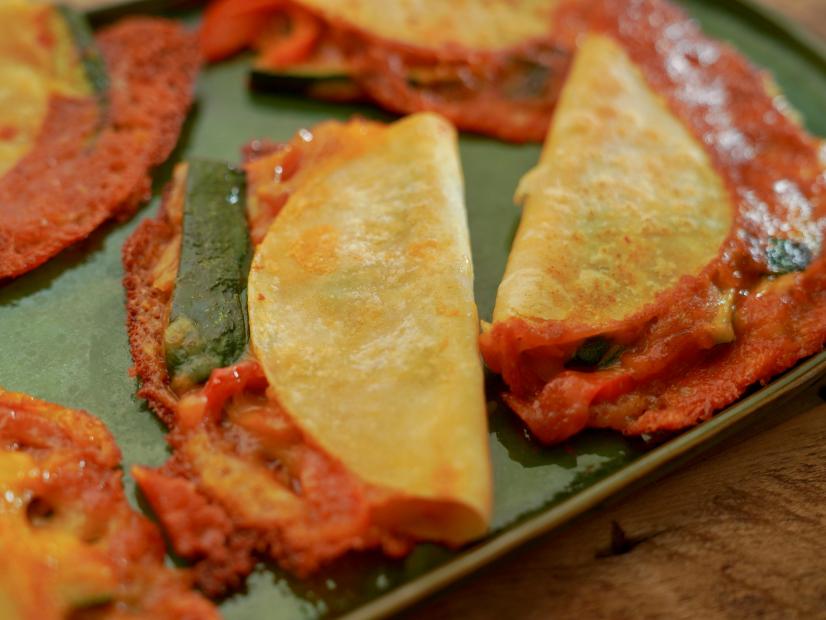 Beauty shot of Molly Yeh's Cheese-Crusted Fajita Veggie Quesadillas, as seen on Girl Meets Farm, season 10.