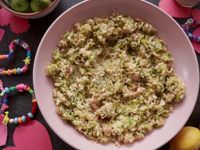 Beauty shot of Molly Yeh's Brussels Sprout Risotto with Lemony White Beans, as seen on Girl Meets Farm, season 10.