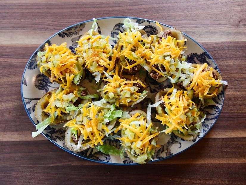 Close-up of Hamburger Potato Skins, as seen on the Pioneer Woman, season 30.