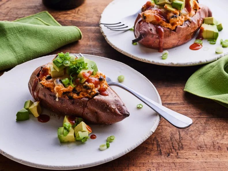 Description: Food Network Kitchen's Healthy Air Fryer Twice Baked Sweet Potato with Black Beans.