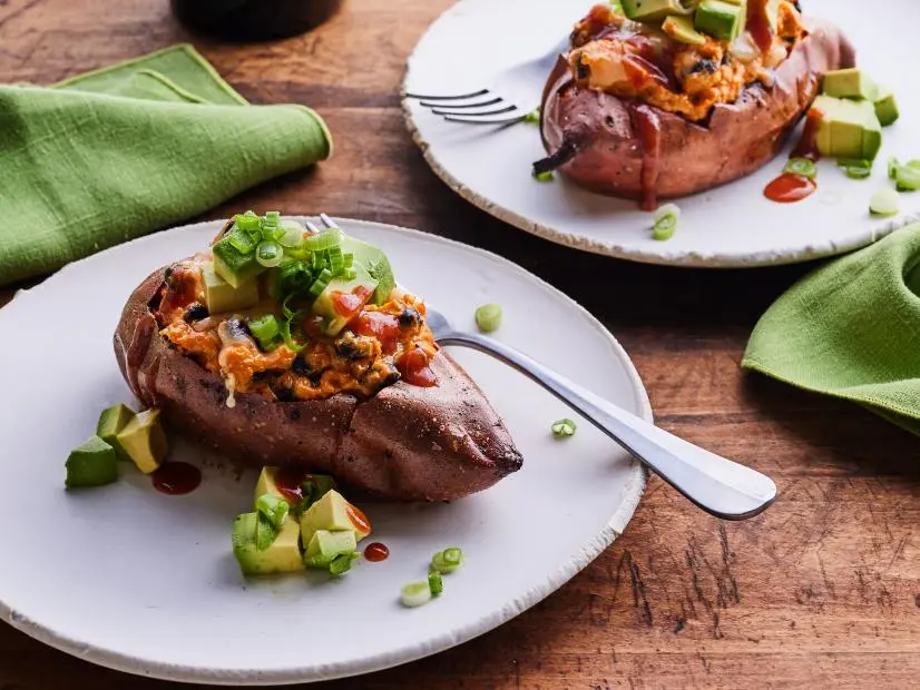 Description: Food Network Kitchen's Healthy Air Fryer Twice Baked Sweet Potato with Black Beans.
