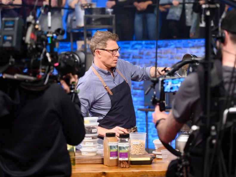 Host Bobby Flay races to finish his chocolate cream pie dish, as seen on Beat Bobby Flay, Season 25.