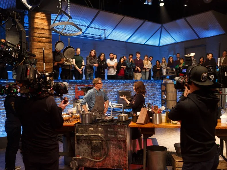 Behind the scenes of co-host Fran Drescher checking in on Chef Bobby Flay, as seen on Beat Bobby Flay, Season 22.