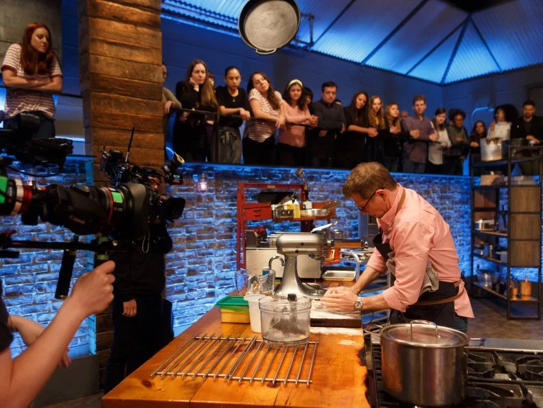Behind the scenes of chef Bobby Flay preparing his pasta dough, as seen on Beat Bobby Flay, Season 22.
