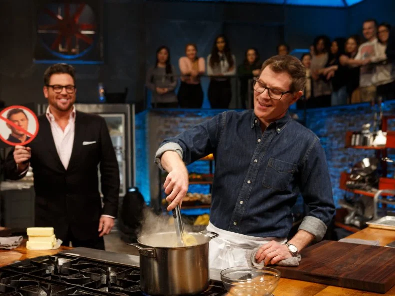 Chef Bobby Flay attempts to ignore Co-Host Scott Conant's antics as he prepares pasta, as seen on Beat Bobby Flay, Season 16.