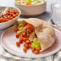 Buffalo Chic Peas stuffed into a pita, as seen on Mary Makes It Easy, Season 1.