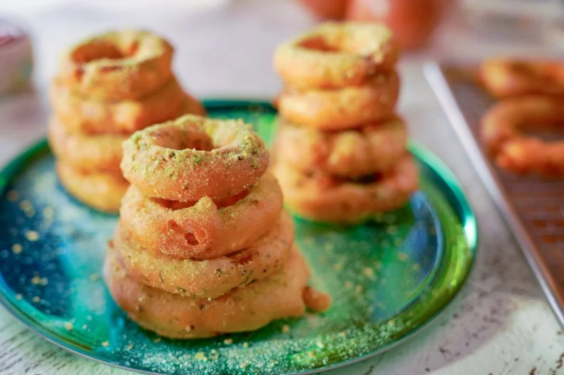 Beauty shot of Molly Yeh's Sour Cream & Onion -  Onion Rings, as seen on Girl Meets Farm, season 10.