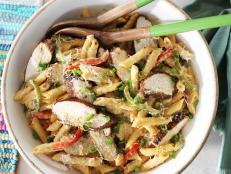 I love this Italian-Jamaican pasta mash-up of flavors. Creamy pasta sauce is enhanced by spicy jerk chicken and green and red bell peppers for a one-pan meal that everyone will love.