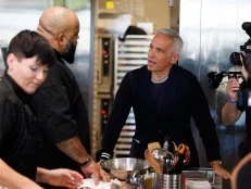 Host Geoffrey Zakarian, with Contestant Demetrius Baxter as seen on Big Restaurant Bet, Season 1.