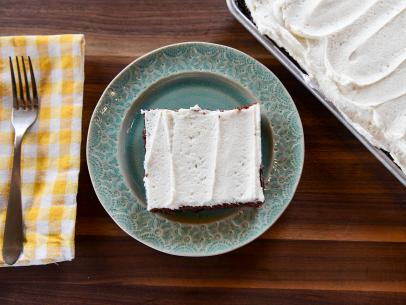 Close-up of Chocolate Sheet Cake with Vanilla Bean Frosting, as seen on The Pioneer Woman, season 30.