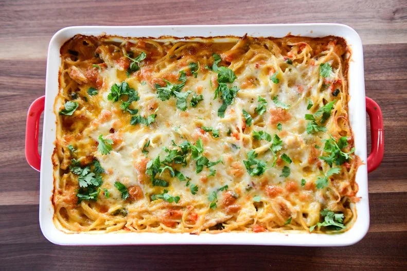 Close-up of Tex-Mex Chicken Spaghetti, as seen on The Pioneer Woman, season 30.