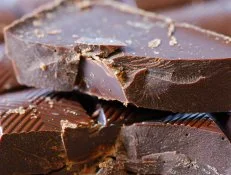 A close up view of some broken pieces of dark chocolate.