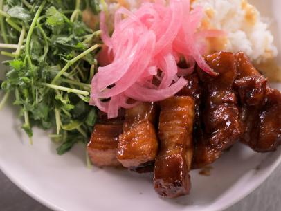 Pork Belly Rice Bowl as served at Kitsune in Albuquerque, NM, as seen on Diners, Drive-Ins and Dives, season 35.