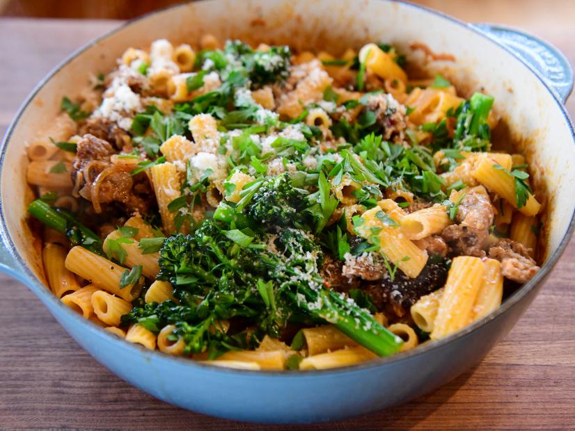Close-up of Rigatoni with Broccolini and Sausage, as seen on The Pioneer Woman, season 30.