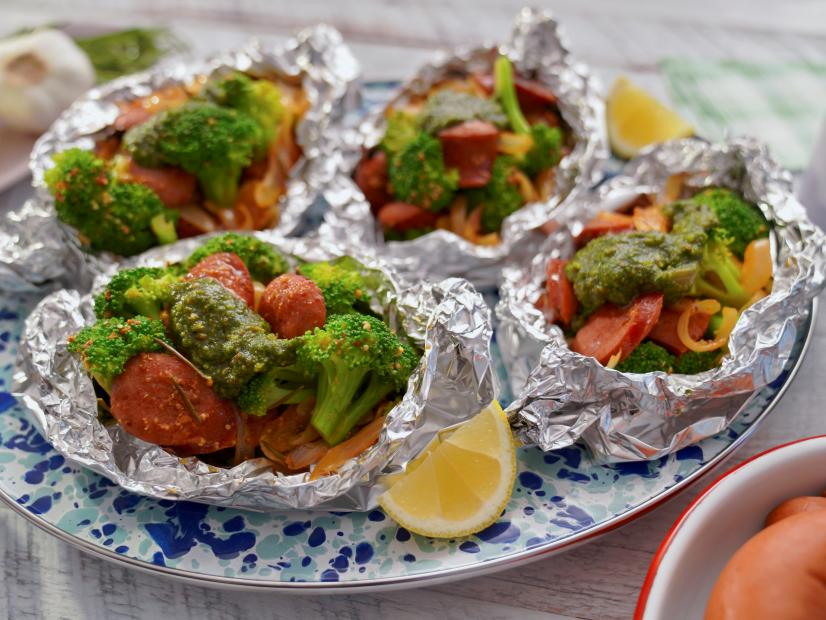 Beauty shot of Molly Yeh's Sausage and Broccoli Pesto Packets