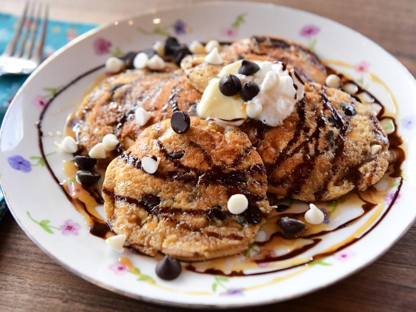 Close-up of Double Chocolate Chip Pancakes, as seen on The Pioneer Woman, season 30.
