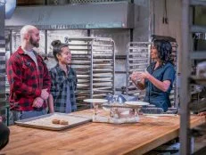 Host Stephanie Boswell talks over the recipes with Olivia Pan and Kostas Chartzanis, as seen on Bake or Break, Season 1