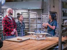 Host Stephanie Boswell talks over the recipes with Olivia Pan and Kostas Chartzanis, as seen on Bake or Break, Season 1