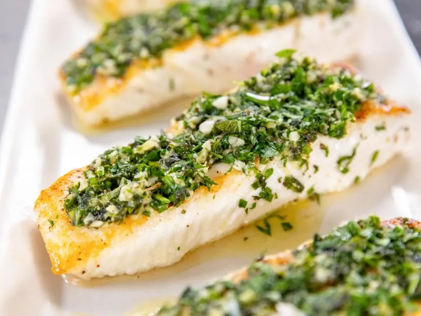 Close-up of Halibut with Herb Butter, as seen on Be My Guest, season 1.