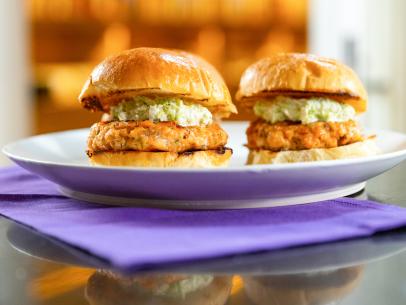 Close-up of Salmon Burgers with Simplest Coleslaw, as seen on Be My Guest, season 1.