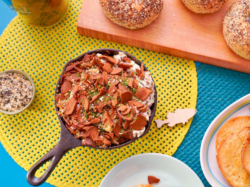 Beauty shot of Molly Yeh's Smoked Whitefish Dip with Bagel Chips, as seen on Girl Meets Farm, season 10.