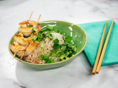 Peanut Sauce Over Shrimp Skewers and Rice Noodles