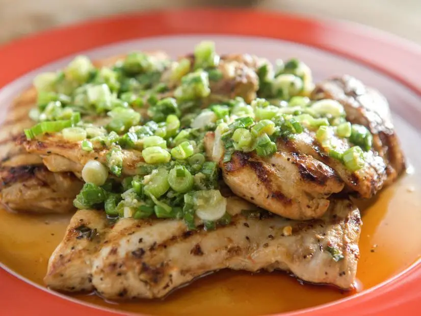 Grilled Chicken Thighs with Ginger Scallion Sauce as seen on Valerie's Home Cooking, Season 13.