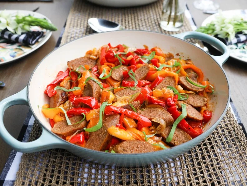 Sausages with Peppers and Onions as seen on Valerie's Home Cooking, Season 13.