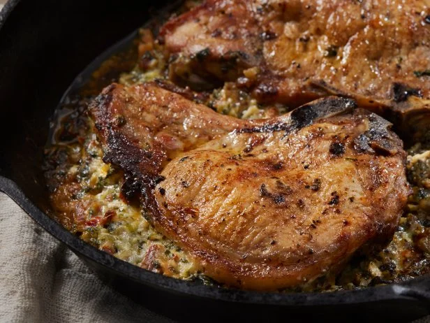 Pan Seared Pork Chops Stuffed with Cheese and Spinach