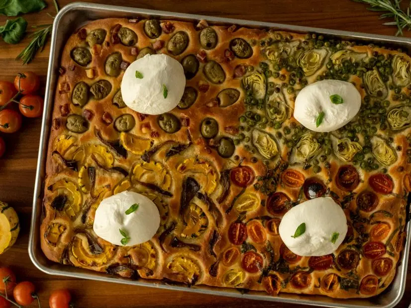 4 Flavor Focaccia with Burrata, as seen on FN's H&P Dairy Farmers Of Wisconsin (Wisconsin Cheese).