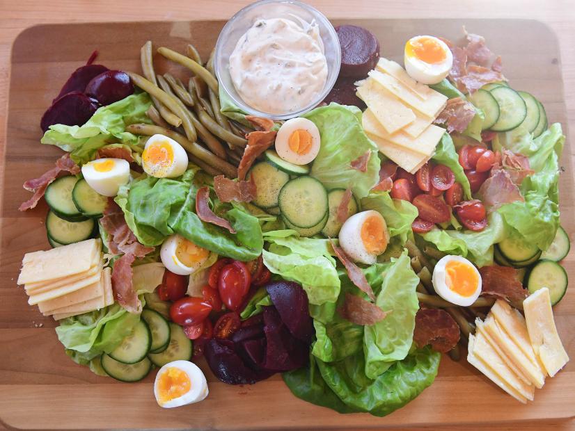 Close-up of Pub Salad Board with Creamy Caper Tarragon Dressing, as seen on The Pioneer Woman, season 31.