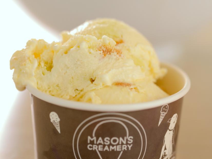 Coconut Ice Cream with Pandan Chiffon Cake as served at Mason's Creamery in Cleveland, Ohio, as seen on Diners, Drive-Ins and Dives, season 35.