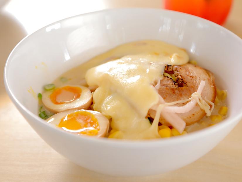 Raclette Ramen as served at Mason's Creamery in Cleveland, Ohio, as seen on Diners, Drive-Ins and Dives, season 35.