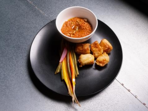 Fried Halloumi "Curds" with Muhammara and Pickled Crudité