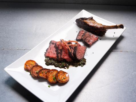 Black Powder Rubbed Dry-Aged Rib-Eye with Black Garlic Chimichurri, Crispy Pickled Fresnos and Melting Sweet Potatoes