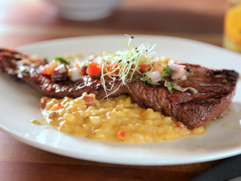 Churrasco Steak with Risotto Mamposteao as served at Salao in Caguas, Puerto Rico, as seen on Diners, Drive-Ins and Dives, Season 35.